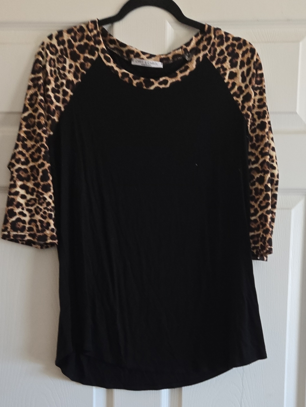 Chris & Carol Black Top with Leopard-Print Raglan Sleeves